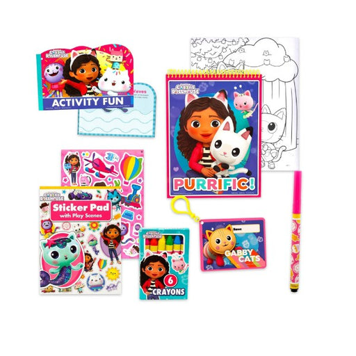 Close-up of activity book pages with Gabby's Dollhouse characters.