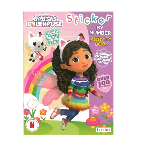 Gabby's Dollhouse sticker by number activity book with a girl character and cat on a pink background