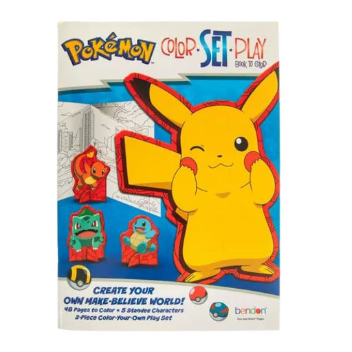 Pokémon coloring book with characters on a blue and beige background