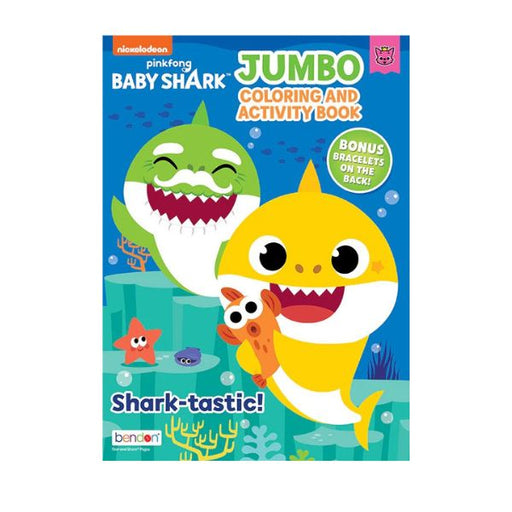 Baby Shark coloring and activity book with cartoon sharks on a blue background