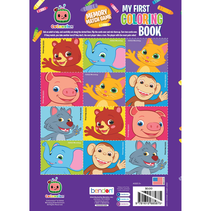 Back cover of Cocomelon My First Coloring and Activity Book with bonus stand-up character and space to display completed artwork
