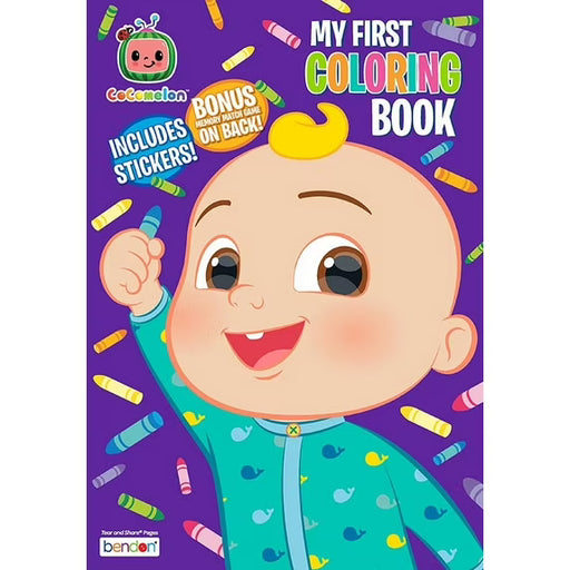 Cocomelon My First Coloring and Activity Book cover, 24-page paperback with stickers and tear-and-share pages featuring popular Cocomelon characters for toddlers and preschoolers
