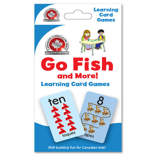 Two children playing the Go Fish flash card game, smiling and holding cards with fish illustrations