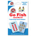 Two children playing the Go Fish flash card game, smiling and holding cards with fish illustrations