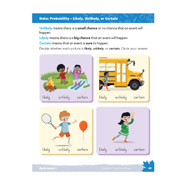 Educational worksheet for probability concepts with images and labels.