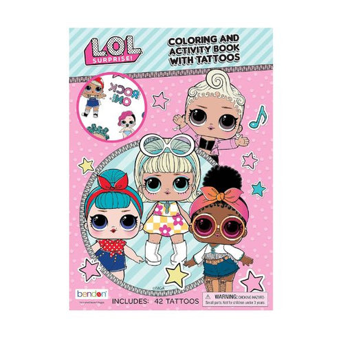 L.O.L. Surprise! Coloring and Activity Book with Tattoos – front cover featuring Kitty Queen, Queen Bee, and friends
