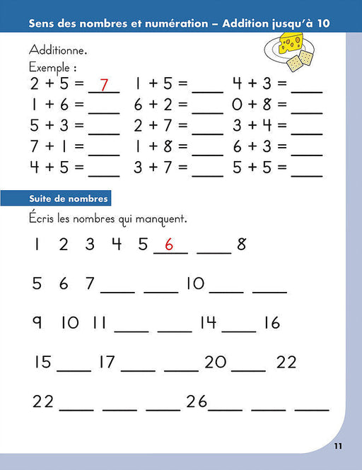Sample page showing number recognition and counting exercises from Mathématique en 1re année | Grade 1 Math Workbook