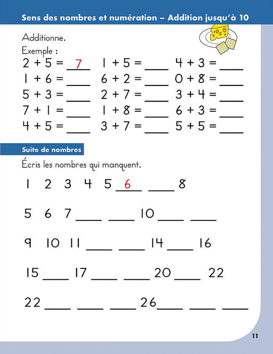 Sample page showing number recognition and counting exercises from Mathématique en 1re année | Grade 1 Math Workbook
