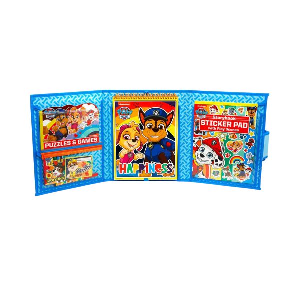 Inside page of PAW Patrol activity set with colouring storybook featuring Chase and Marshall scenes
