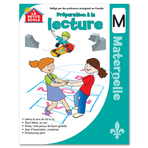 Préparation à la lecture en maternelle cover by La Petite École | Kindergarten Reading Readiness Workbook cover, full-colour early reading workbook for Pre-K and Kindergarten learners in Canada