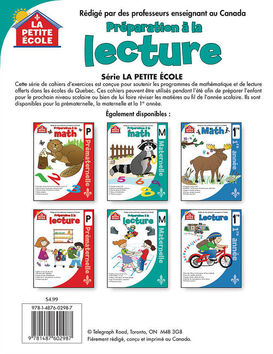 Back cover of Préparation à la lecture en maternelle showing ISBN, publisher La Petite École / Canadian Curriculum Press, and product details | Kindergarten Reading Readiness Workbook