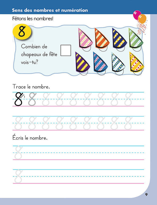 Sample page showing number recognition and counting activities from Préparation à la mathématique en maternelle | Kindergarten Math Readiness Workbook