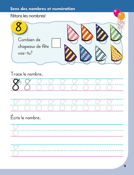 Sample page showing number recognition and counting activities from Préparation à la mathématique en maternelle | Kindergarten Math Readiness Workbook
