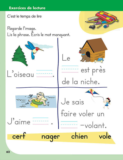 Sample page showing letter recognition and phonics activities from Préparation à la lecture en maternelle | Kindergarten Reading Readiness Workbook