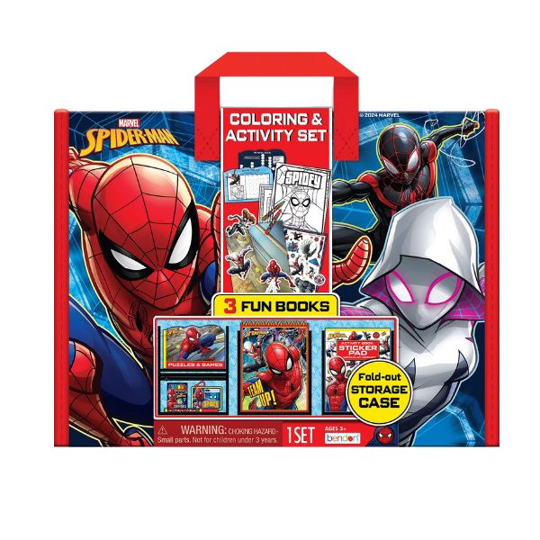 Spider-Man coloring and activity set with books and storage case on a white background