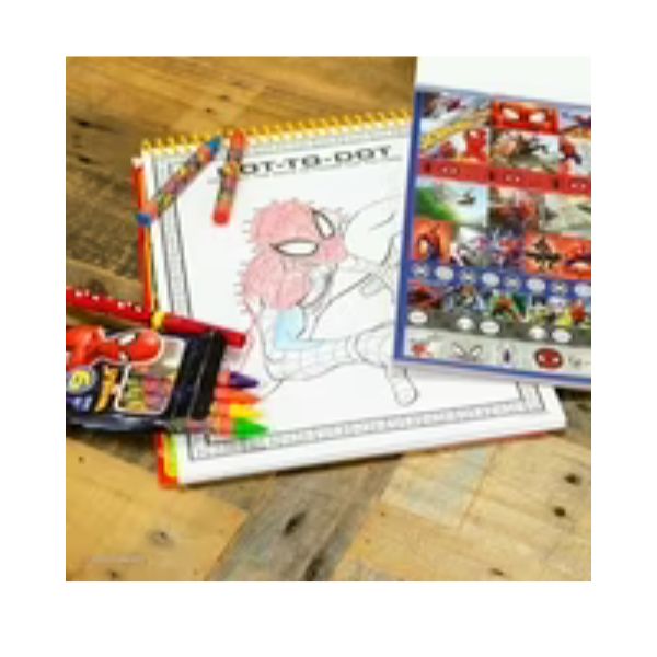 Coloring book with crayons and a sticker book on a wooden surface
