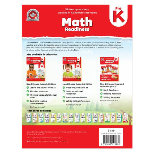 Back cover of Pre-K Math Workbook showing series overview, 80-page count, and available flash cards.