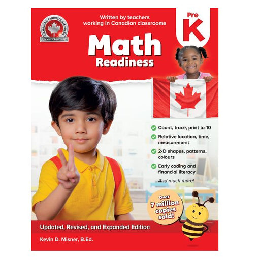 Pre-Kindergarten Math Readiness Workbook Expanded Edition cover featuring two children and the Canadian flag.