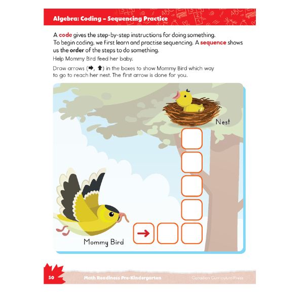 Early coding sequencing worksheet for Pre-K math featuring a mommy bird and nest logic puzzle.