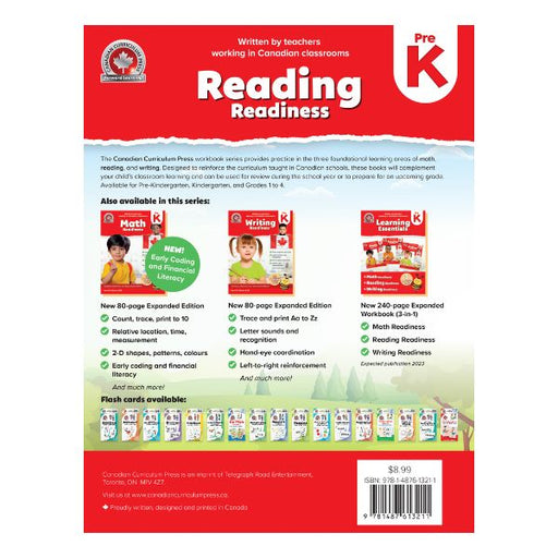 Back cover of Pre-K Reading Workbook highlighting the Math and Writing series titles.