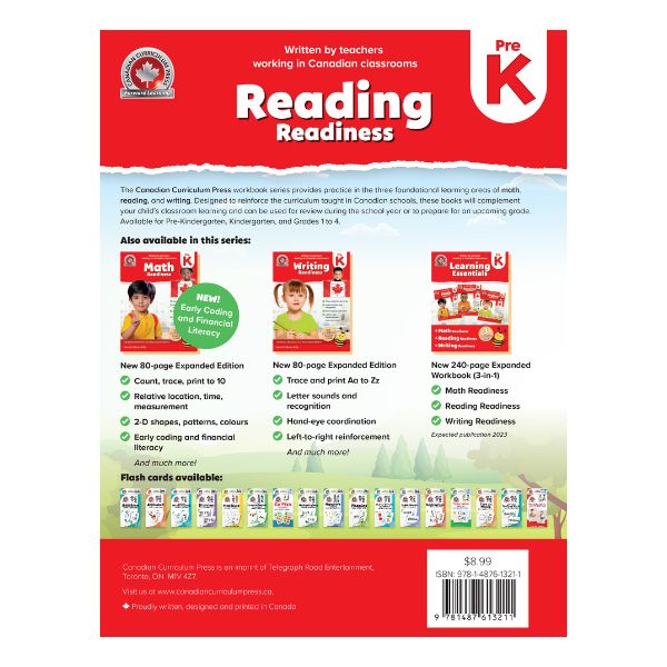 Back cover of Pre-K Reading Workbook highlighting the Math and Writing series titles.