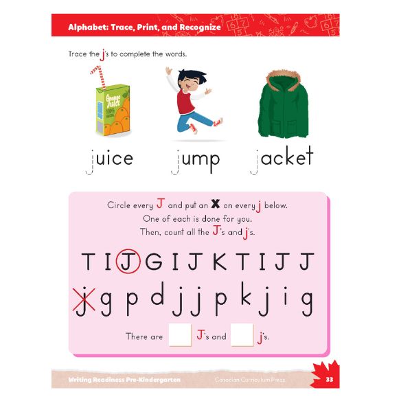 Pre-K writing worksheet: Tracing and printing practice for the letter J with word recognition.