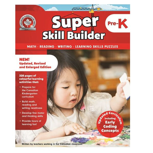 Book titled 'Super Skill Builder Pre-K' with a child on the cover, featuring educational activities.