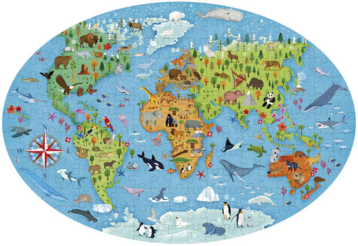 The world is changing, and the creatures that inhabit it are changing, too—and in some cases disappearing.  Assemble the puzzle and discover the animals that populate the various continents, and then read the book to learn more about endangered species. Portable, closing case with bright, colorful artwork  Oval 205-piece puzzle and book