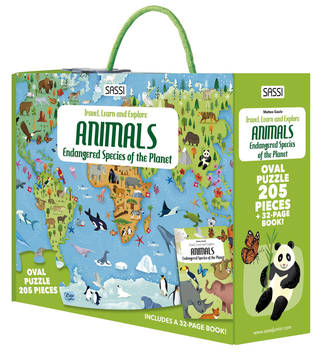 The world is changing, and the creatures that inhabit it are changing, too—and in some cases disappearing.  Assemble the puzzle and discover the animals that populate the various continents, and then read the book to learn more about endangered species. Portable, closing case with bright, colorful artwork  Oval 205-piece puzzle and book