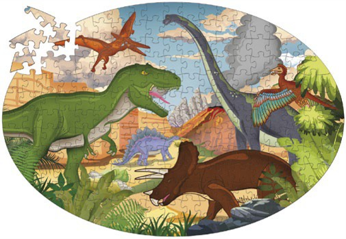 Discover the gigantic reptiles who dominated the Earth millions of years ago! See how a fossil is made and what makes the species different from each other. Learn the names of the major dinosaurs from the Jurassic Era and all the fascinating details about them!  Portable, closing case with bright, colorful artwork  Oval 205-piece puzzle and 32 page book