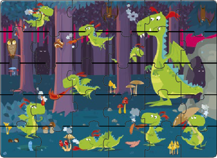 Dragons live in a forest, where they play all day with each other and their animal friends. They love to breathe fire!  Sometimes they even cook their own dinner, and other times they nap to gather their strength—all under the watchful eye of their mother!  A big puzzle with oversized pieces perfect for developing children’s dexterity and a cute book with lively illustrations that feature the characters in the puzzle. Portable round board box with bright, colorful artwork  30-piece puzzle and book