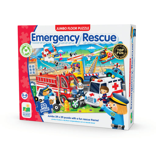 product box, 50 piece jumbo floor puzzle, emergency rescue, fire truck and police car, tow truck,
