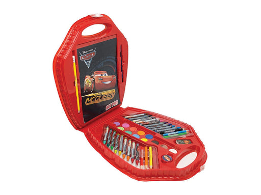 Open Disney Pixar Cars 3 Large Character Art Case displaying art supplies including crayons, markers, and watercolors.