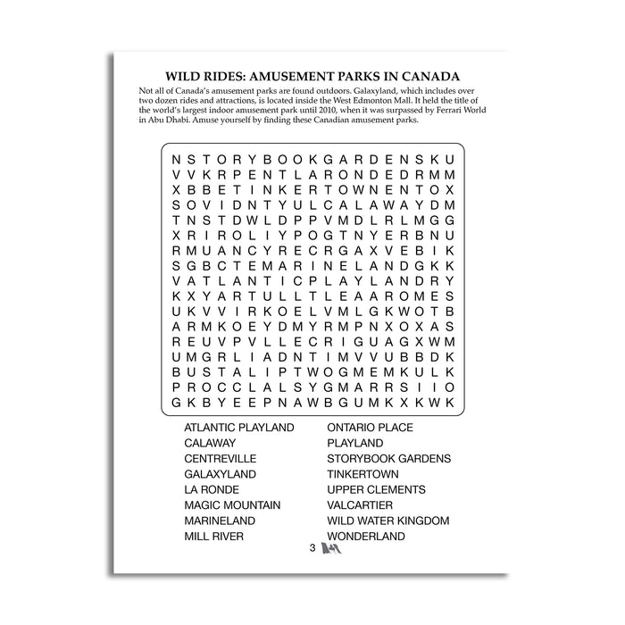 inside page of Volume 9 Large print word search trivia, wild rides and amusement parks in Canada, such as Ontario Place, Canada's Wonderland 