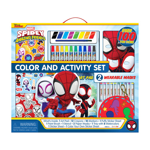Spidey and His Amazing Friends Giant Colour & Activity Set with markers, crayons, stickers, and storage box.