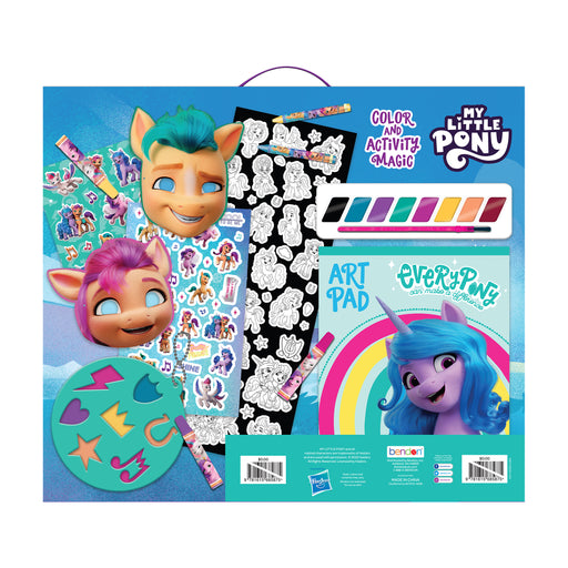back cover of Colour and activity set My Little Pony, with 2 mask, paint and paint brush, stencil, stickers and markers