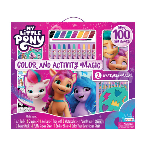 My Little Pony Giant Colour and Activity Set with markers, crayons, stickers, and storage box.