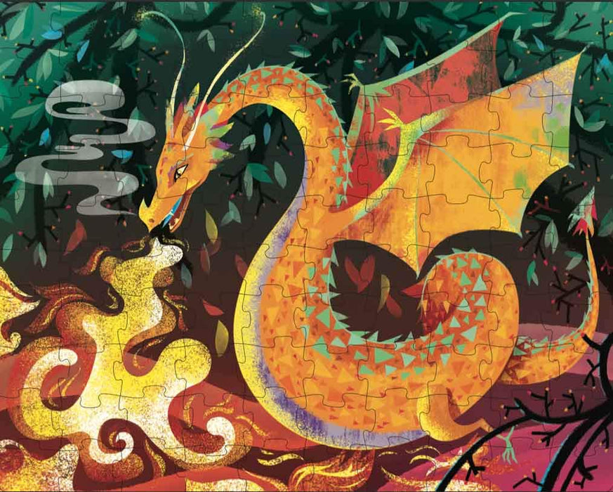 Assembled  100-piece puzzle, fire breathing dragon 