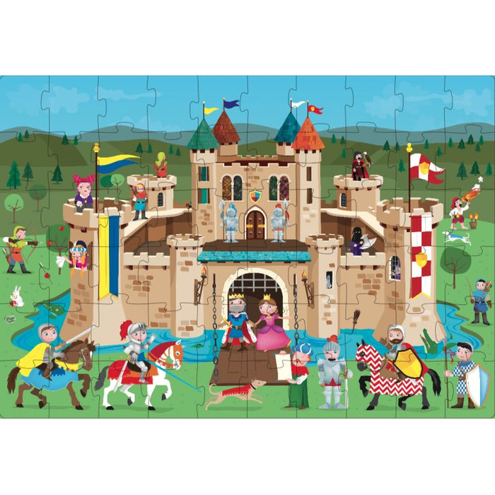 Enter the magical world of knights! A magnificent giant puzzle and a booklet with a rhyming story to discover all the secrets of a medieval  fortress are waiting for you.  A box embellished with foil containing a giant easy-to-assemble 60-piece puzzle.  Ideal for ages 5 and up