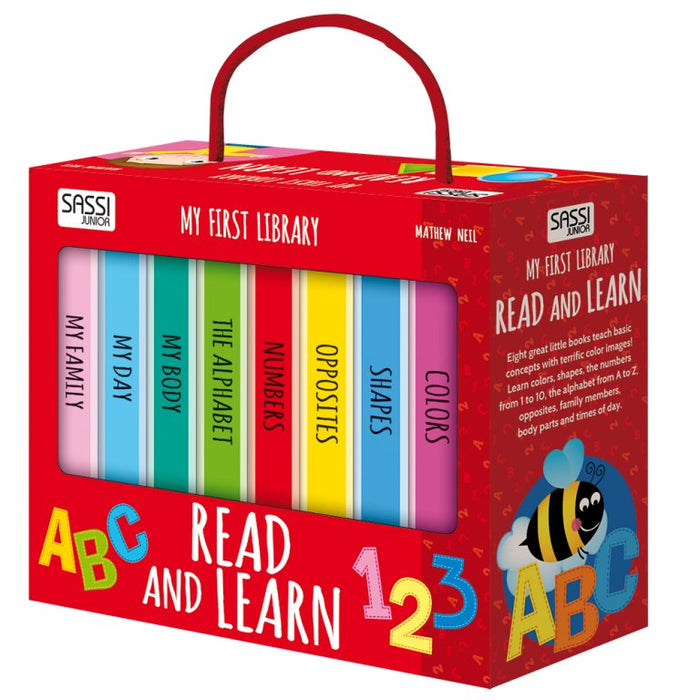 Eight great little books teach basic concepts with terrific color images! Learn colors, shapes, the numbers from 1 to 10, the alphabet from A to Z, opposites, family members, and times of the day.  Your first library is easy to carry. Take it everywhere with you!  Ideal for ages 2 and up