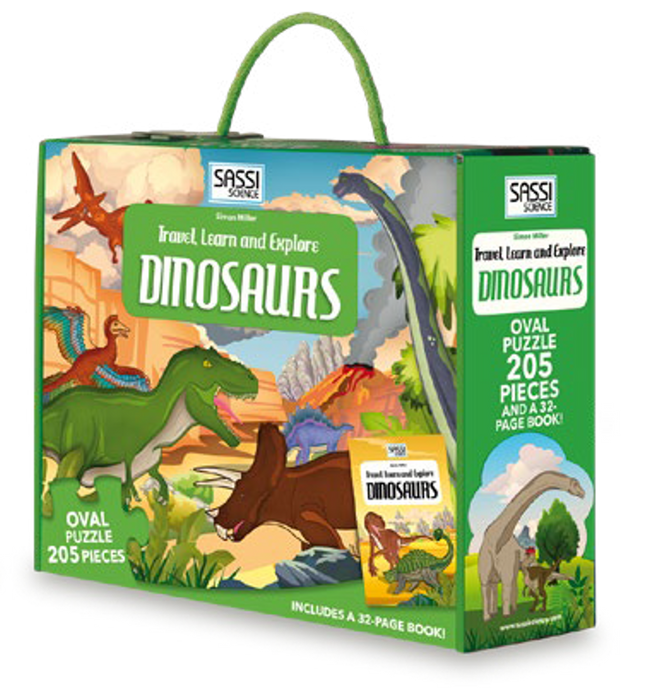 Oval 205-piece floor puzzle and 32-page book discover the gigantic reptiles who dominated the Earth millions of years ago!  See how a fossil is made and what makes the species different from each other. Learn the names of the major dinosaurs from the Jurassic Era and all the fascinating details about them!