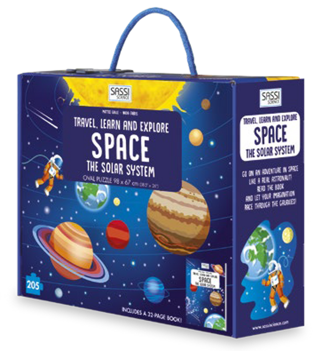 Go on an adventure in space with this 205-piece floor puzzle like a real astronaut!   Explore Space The Solar System with the 32-page book and learn all about our universe. What are Saturn’s rings made of? How far is the Earth from the Sun? How many moons does Jupiter have? Look how big the Milky Way is, observe the craters on the moon, follow comets as they sail through the sky, and let your imagination race through the galaxies!