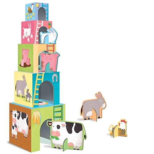 Five building blocks plus a 10-page book.  It's a beautiful day on the farm and the baby animals are busy helping mummy and daddy with their daily chores.  Follow the baby chicks, rabbits, donkey, calf, and piglet. Construct a tower with the five building blocks and play along with the five figures of the baby animals presented in the book.  Read the lovely rhyming story, build a tower and play with the chick, rabbit, donkey, calf, and piglet figures.