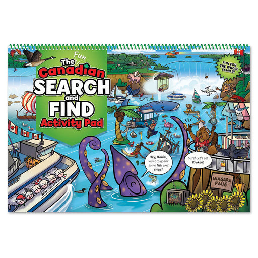 Canadian Activity Pad – Search and Find: Giant Squid cover featuring Daniel the Beaver in a colorful world of puzzles