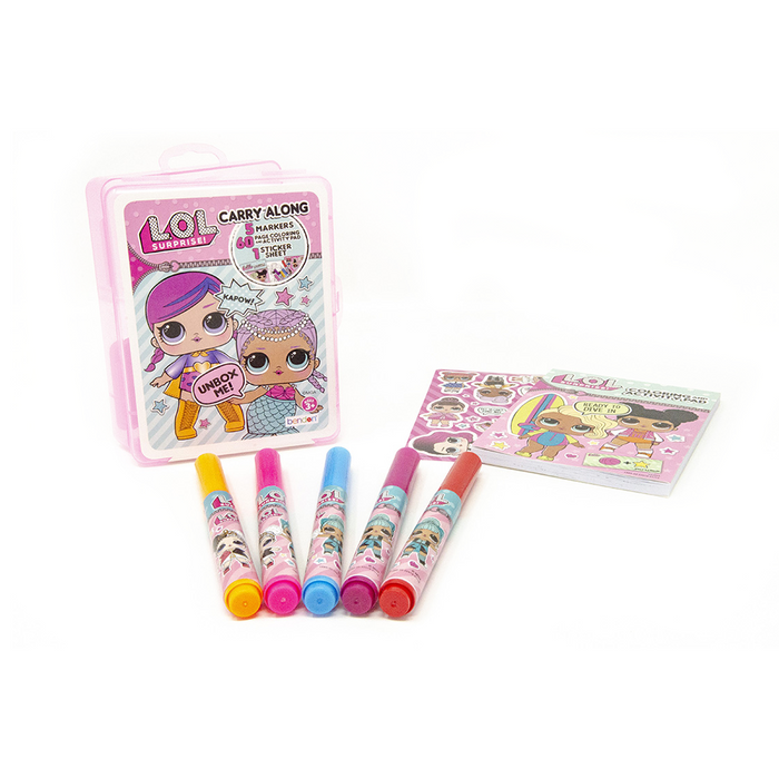 Surprise your little artist with this portable LOL Surprise Carry-Along Plastic Case mini closing case that fits perfectly in little hands.    Case includes one 60 page colouring and activity pad, 1 sticker sheet and 5 coloured chunky markers. Introduces creative, artistic play patterns to your little learner with their favourite characters.  Perfect for travel and many other events.  Ideal for ages 3 and up.