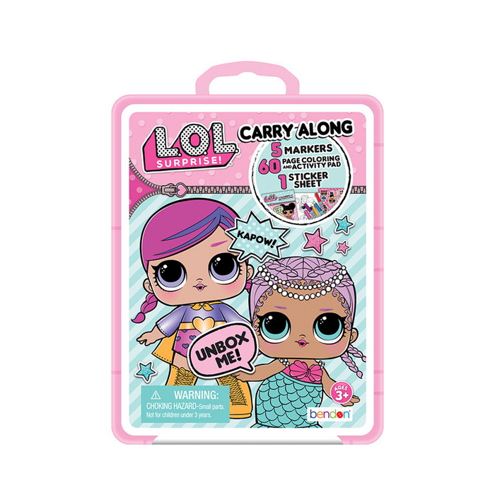 Surprise your little artist with this portable LOL Surprise Carry-Along Plastic Case mini closing case that fits perfectly in little hands.    Case includes one 60 page colouring and activity pad, 1 sticker sheet and 5 coloured chunky markers. Introduces creative, artistic play patterns to your little learner with their favourite characters.  Perfect for travel and many other events.  Ideal for ages 3 and up.