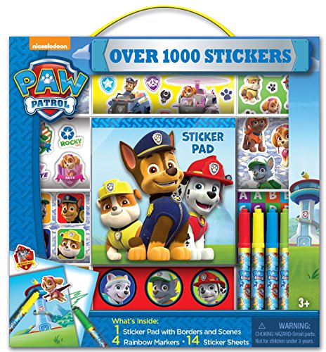 Take-along sticker box featuring over 1000 stickers An interactive pad includes full color scenes for sticker play and border pages for creating unique artwork Includes 4 colorful markers Includes holographic stickers, foil stickers and more Officially licensed product. PAW Patrol Sticker Box 