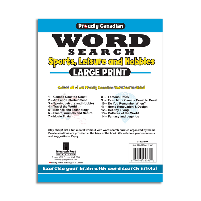 Stay sharp! Get a fun mental workout with 96 pages of word search puzzles organized by theme.  Look for more Proudly Canadian Word Search titles on other entertaining themes.  Puzzle solutions are provided at the back of the book. We welcome your comments and suggestions. Enjoy!  Exercise your brain with word search trivia!  🍁Proudly written and designed in Canada.