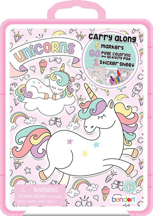 Surprise your little artist with this portable mini closing case that fits perfectly in little hands.    Case includes one 60 page colouring and activity pad, 1 sticker sheet and 5 coloured chunky markers.  Introduces creative, artistic play patterns to your little learner with their favourite characters.    Perfect for travel and many other events.   Ideal for ages 3 and up.