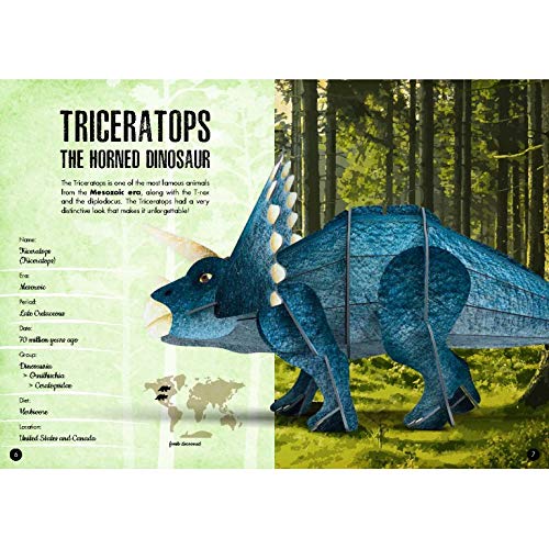 Discover the Triceratops with this 37-piece 3D model and 32-page book, of one of the most famous dinosaurs in history and learn all kinds of facts about the largest creatures that ever populated the planet. The Triceratops is one of the best-known animals of the Mesozoic Era. It was truly unique looking! The Triceratops had a big horn on its snout and two longer horns above its eyes. A large bony frill at the base of its skull looked like a crown!